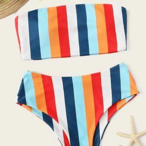 Striped Bandeau High Waisted Bikini Swimsuit